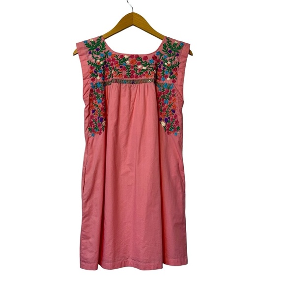 J. Marie Embroidered Shift Dress Pink Floral Lined Sz XS Cotton Pockets Boho - Picture 2 of 12